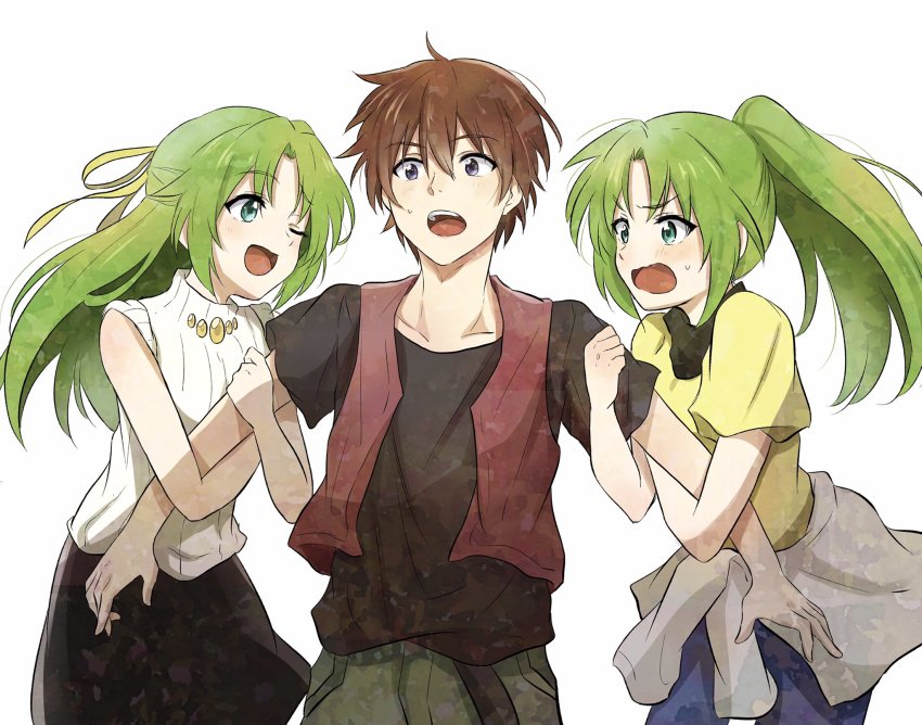 1boy, 2girls, brown_hair, casual, green_eyes, green_hair, hair_ribbon, highres, higurashi_no_naku_koro_ni, long_hair, maebara_keiichi, multiple_girls, ponytail, ribbon, shosudo, siblings, sisters, sleeveless, sleeveless_turtleneck, sonozaki_mion, sonozaki_shion, turtleneck, twins