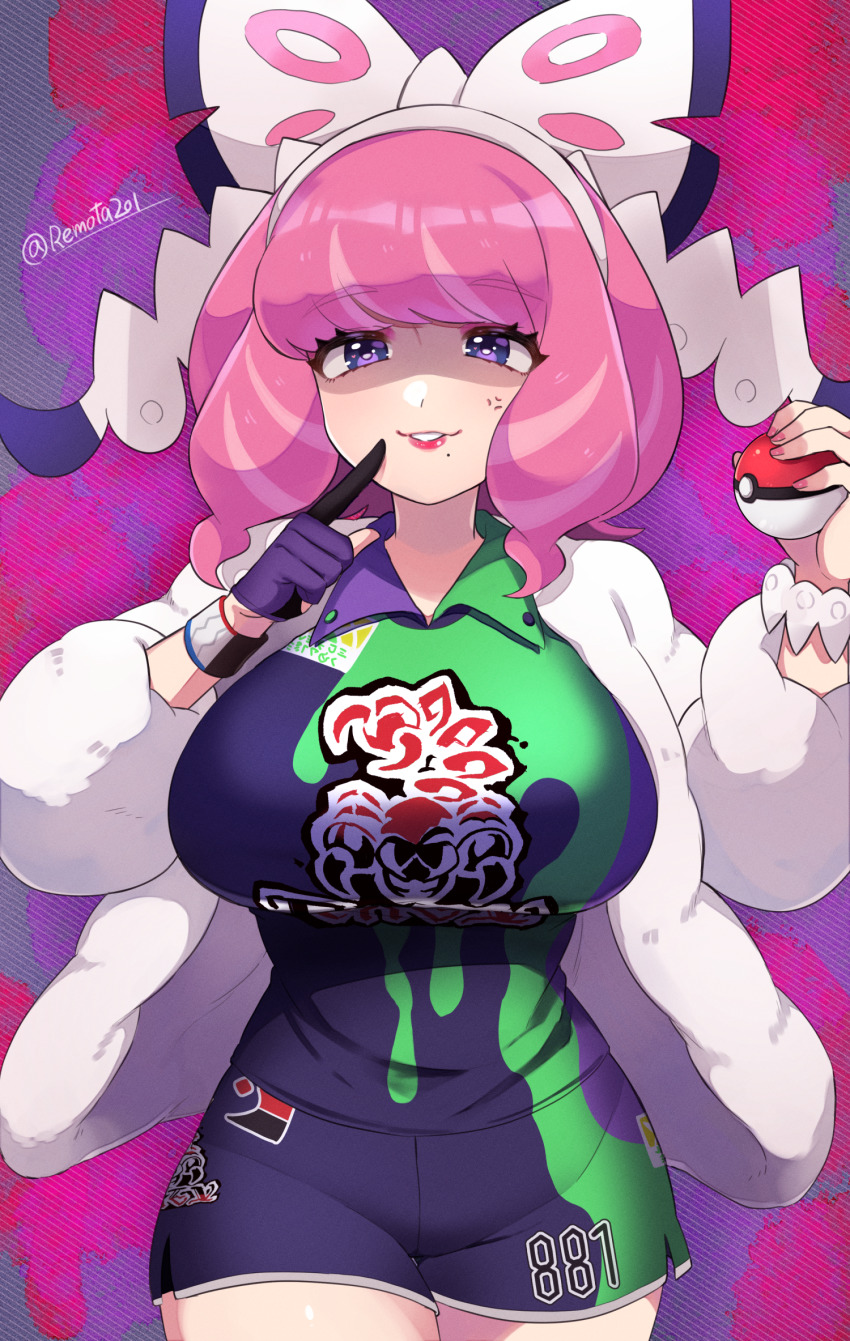 1girl, anger_vein, artist_name, bracelet, breasts, coat, collared_shirt, commentary_request, dynamax_band, eyeshadow, fur_coat, fur_jacket, gloves, hairband, hands_up, highres, holding, holding_poke_ball, index_finger_raised, jacket, jewelry, klara_(pokemon), large_breasts, looking_at_viewer, makeup, mole, mole_under_mouth, nintendo, partially_fingerless_gloves, pink_eyeshadow, pink_hair, pink_lips, poke_ball, pokemon, pokemon_sword_and_shield, purple_eyes, remotarou, shirt, shorts, single_glove, smile, solo, watermark, white_jacket