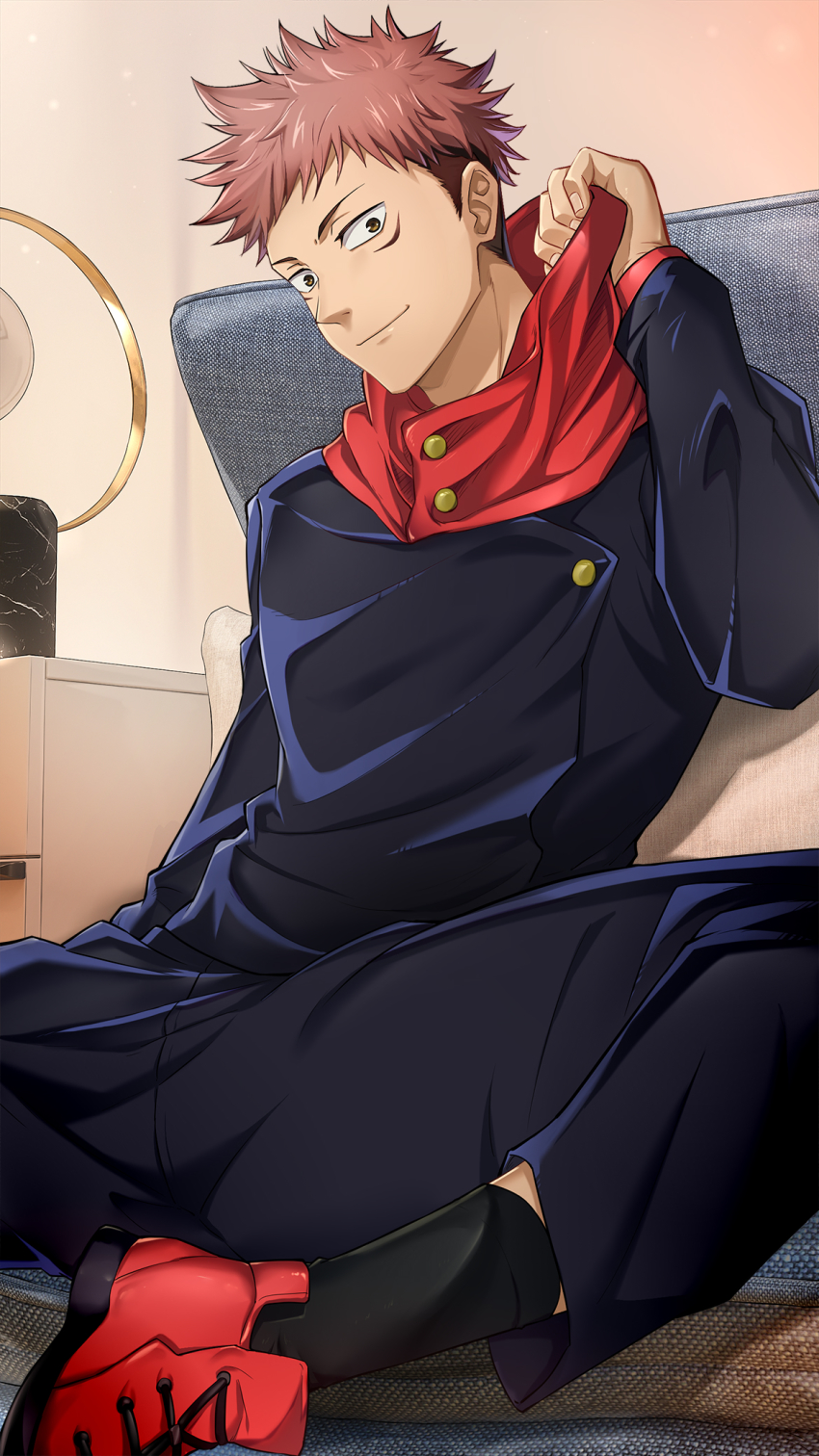 1boy, arm_up, black_jacket, black_pants, brown_eyes, highres, itadori_yuji, jacket