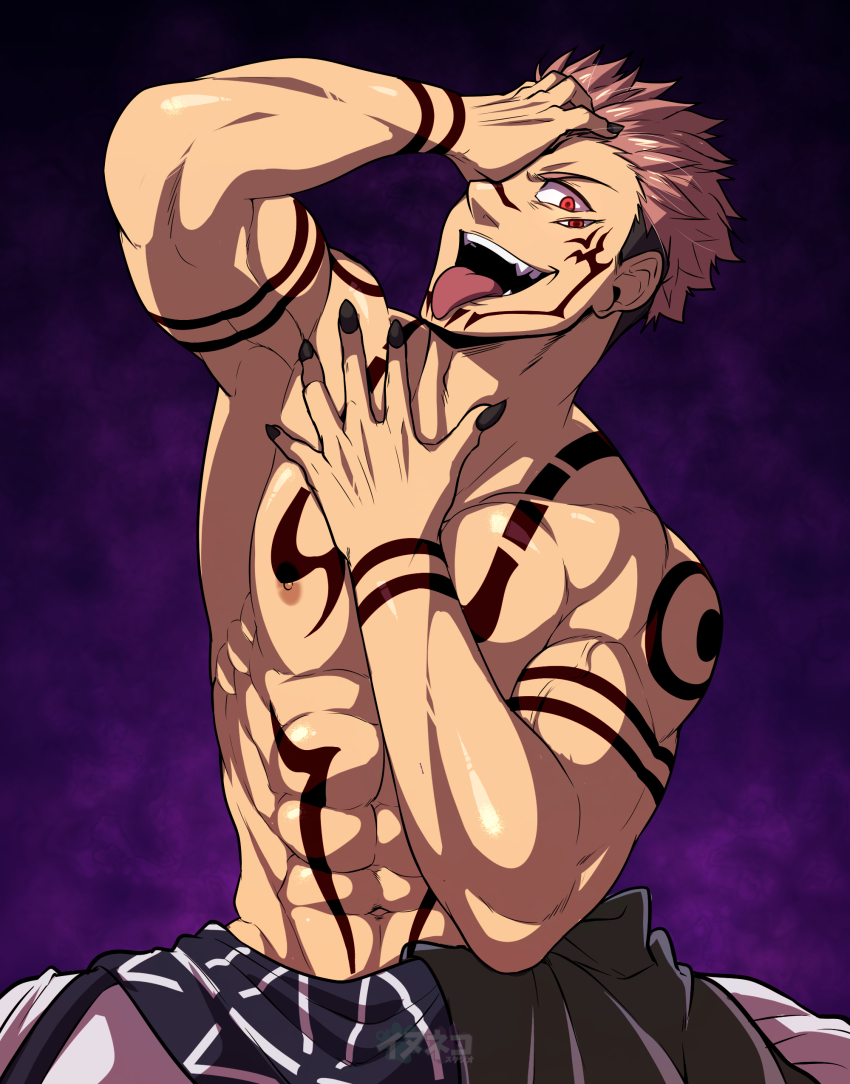 1boy, abs, absurdres, arm_up, black_nails, extra_eyes, hand_on_own_face, highres, inunekostudio, jujutsu_kaisen, looking_at_viewer, male_focus, muscular, nail_polish, navel, nipples, one_eye_covered, pink_hair, red_eyes, ryoumen_sukuna_(jujutsu_kaisen), topless_male, short_hair, solo, tattoo, tongue, tongue_out, undercut, veins