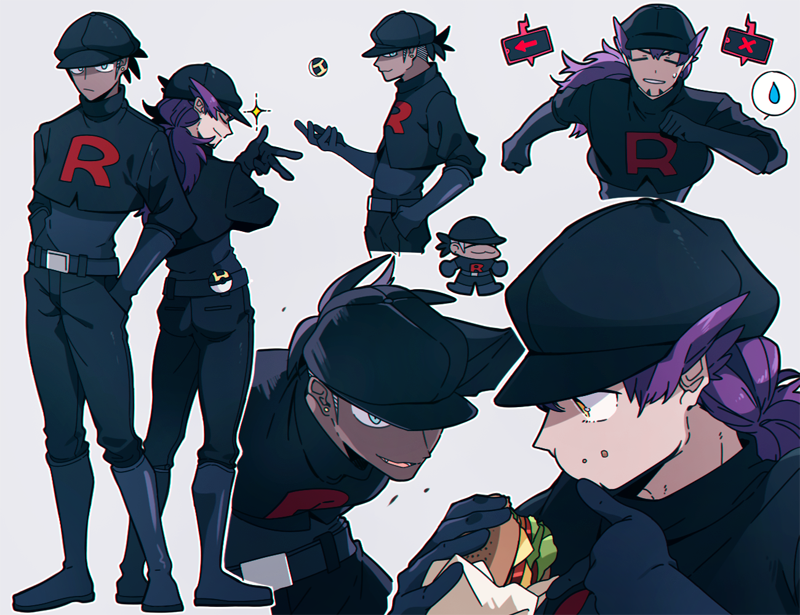 2boys, alternate_costume, back-to-back, belt, black_hair, black_headwear, boots, burger