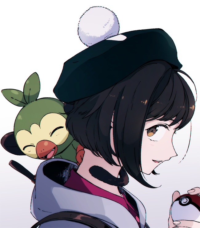 1girl, alternate_color, alternate_hair_color, black_hair, black_headwear, bob_cut, brown_eyes, buttons