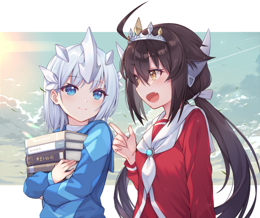 2girls, ahoge, blue_eyes, blue_shirt, blush, book, book_stack, brown_eyes, brown_hair, character_request, closed_mouth, commentary_request, crown, fang, gem, grey_hair, hair_between_eyes, hair_ornament, hand_up, holding, holding_book, hugging_object, index_finger_raised, long_hair, long_sleeves, looking_at_another, multiple_girls, neckerchief, open_mouth, pointing, pointing_at_another, ponytail, red_shirt, sailor_collar, school_uniform, serafuku, shirt, sky, smile, taro_(ultrataro), twintails, ultra_galaxy_(series), ultra_galaxy_fight:_the_absolute_conspiracy, ultra_series, ultraman_(1st_series), ultraman_tarou, ultraman_tarou_(series), upper_body