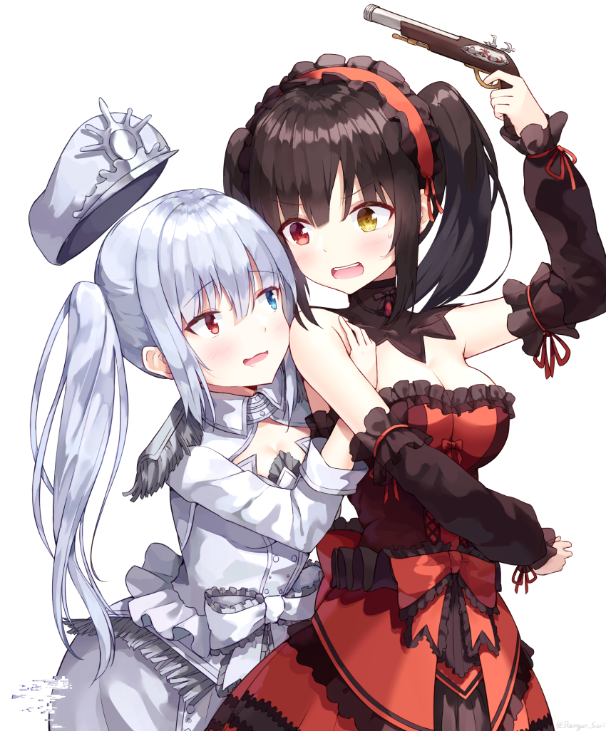 2girls, antique_firearm, arm_up, bare_shoulders, black_hair, blue_eyes, blush, breasts