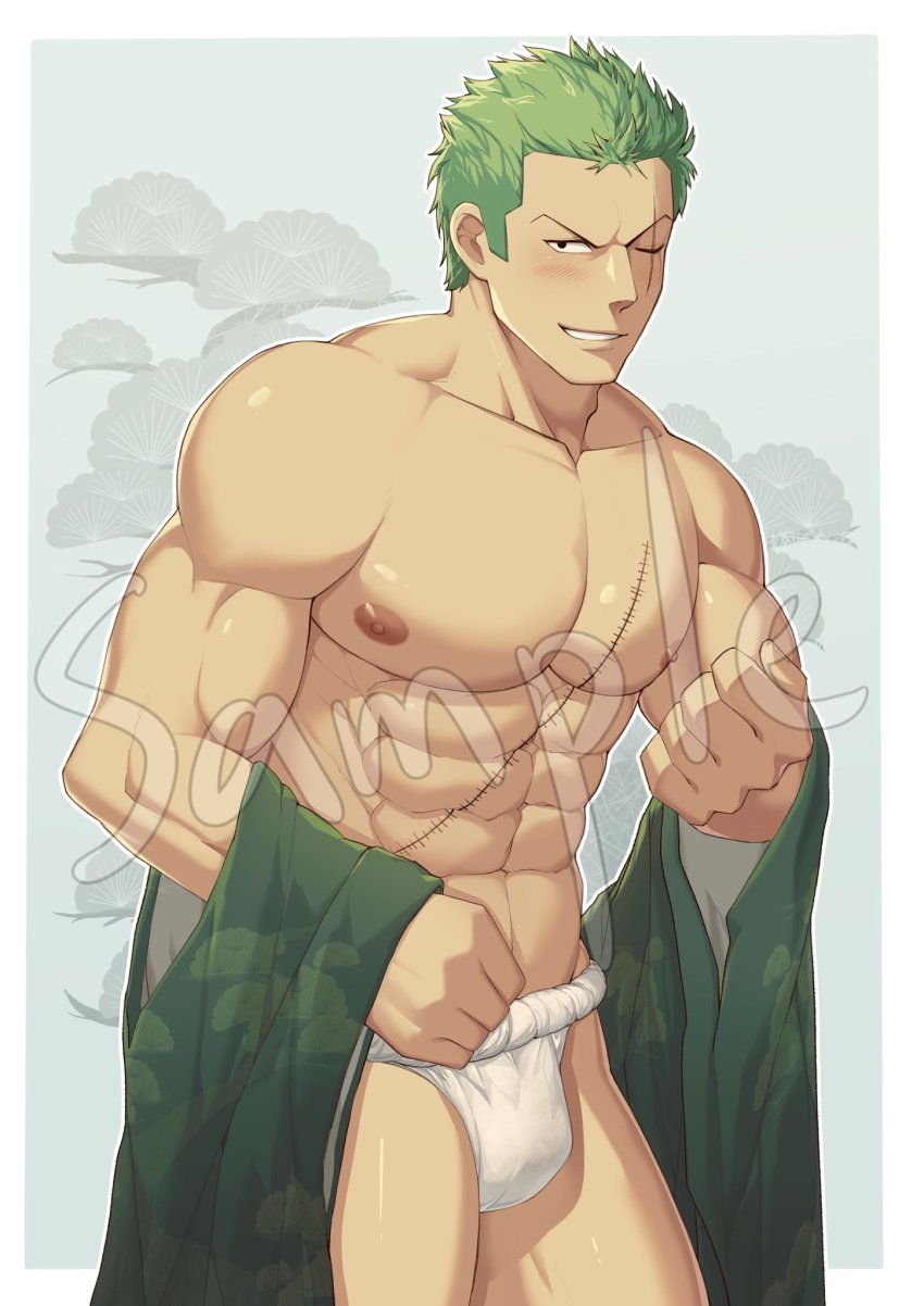 1boy, abs, bara, bare_pectorals, black_eyes, blush, bulge, cowboy_shot, fundoshi, green_hair, green_kimono, highres, japanese_clothes, kimono, large_pectorals, male_focus, male_underwear, muscular, navel, nipples, one_piece, open_clothes, open_kimono, paid_reward_available, pectorals, roronoa_zoro, sample_watermark, scar, scar_on_chest, short_hair, sideburns, solo, thick_thighs, thighs, underwear, undressing, watermark, white_male_underwear, zhuganchangjiadan