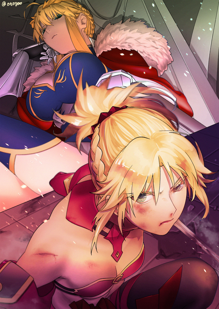 2girls, ahoge, artoria_pendragon_(fate), artoria_pendragon_(lancer)_(fate), artoria_pendragon_(lancer)_(third_ascension)_(fate), bandeau, bare_shoulders, blonde_hair