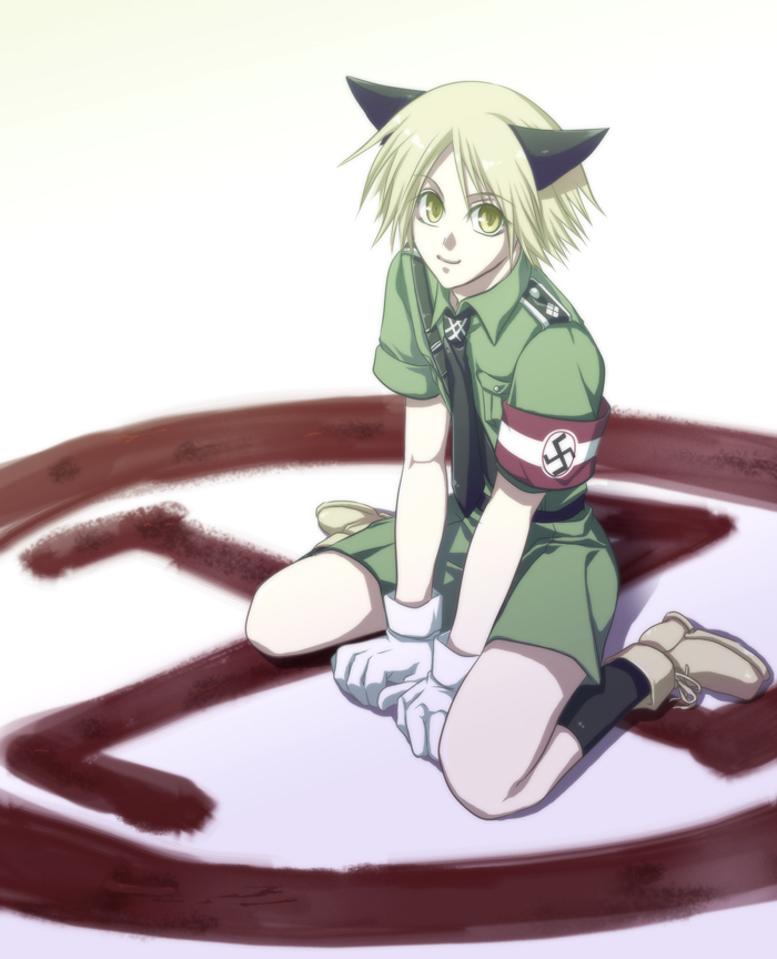 1boy, animal_ears, bad_id, bad_pixiv_id, blonde_hair, cat_boy, cat_ears, full_body, gloves, hellsing, killingrock, male_focus, nazi, schroedinger_(hellsing), short_hair, shorts, smile, solo, swastika, yellow_eyes