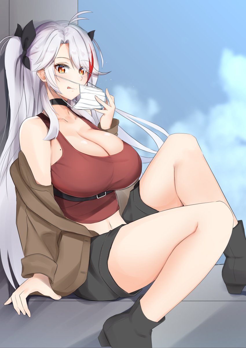 1girl, :p, absurdres, ahoge, antenna_hair, azur_lane, bare_shoulders, black_boots