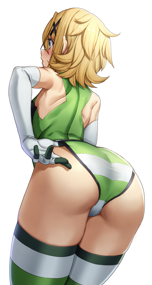 1girl, akatsuki_kirika, ass, blonde_hair, breasts, elbow_gloves, from_behind, gloves