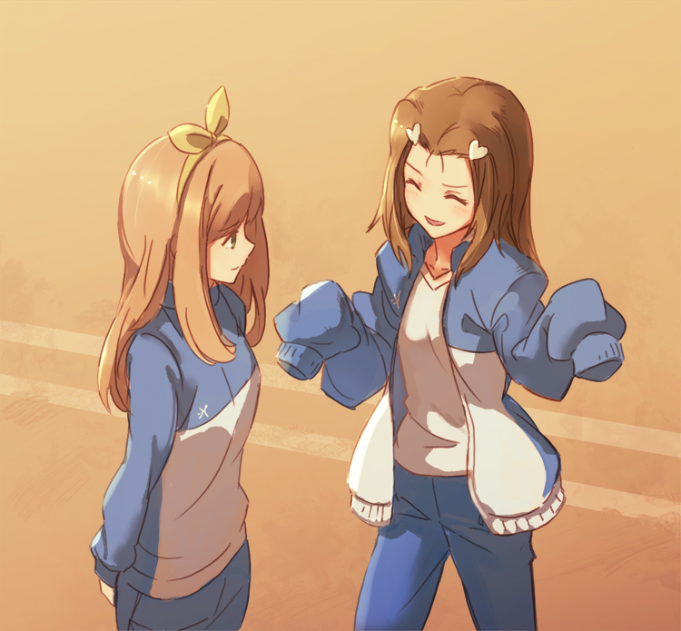 1777_kaki, 2girls, :d, arm_behind_back, blue_jacket, blue_pants, bow, bow_hairband