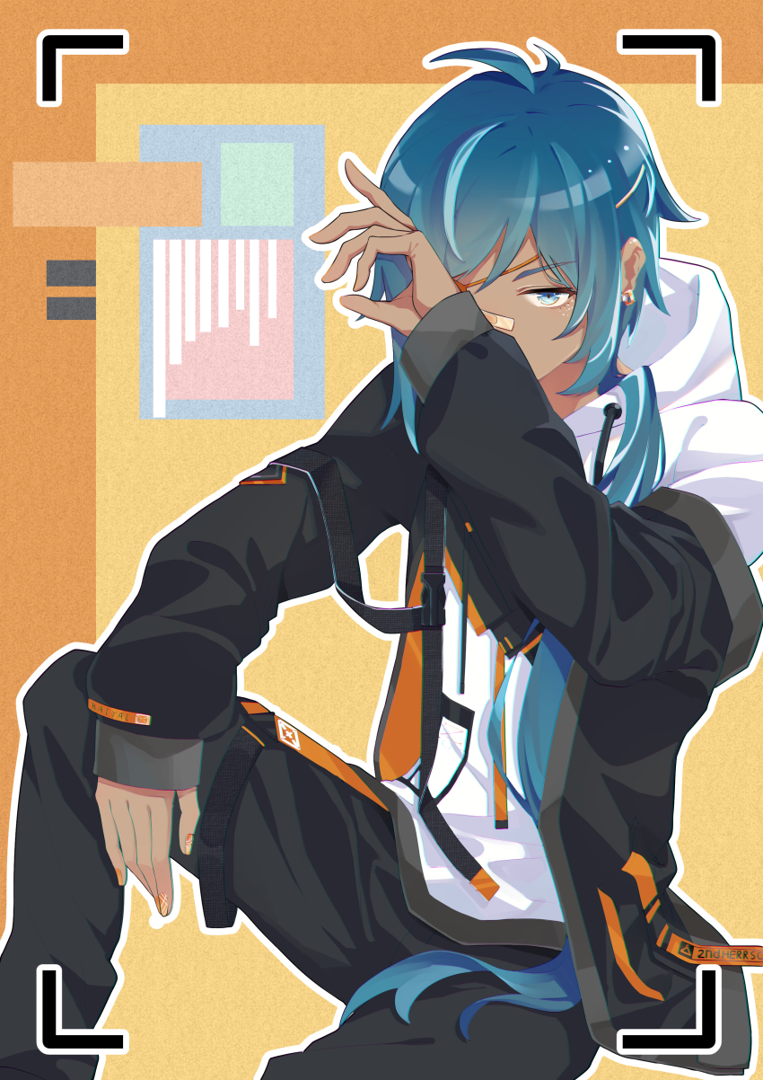 1boy, absurdres, bandaid, bandaid_on_face, bandaid_on_nose, blue_eyes, blue_hair, chen_clear