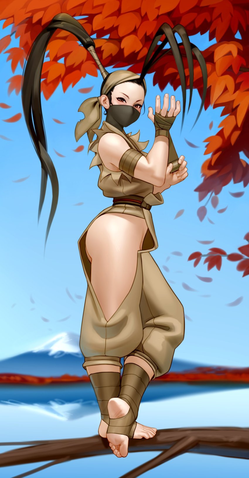 1girl, absurdres, antenna_hair, ass, autumn_leaves, branch, brown_eyes, clothing_cutout, commentary, covered_mouth, from_side, high_ponytail, highres, hip_vent, ibuki_(street_fighter), in_tree, kairunoburogu, leaf, looking_at_viewer, mask, mouth_mask, no_panties, ponytail, soles, solo, standing, stirrup_legwear, street_fighter, street_fighter_iii_(series), thighs, toeless_legwear, tree