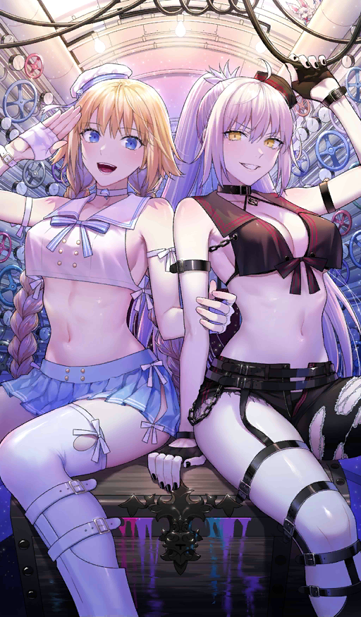 2girls, anchor, anchor_choker, armlet, asymmetrical_legwear, bare_arms, bare_shoulders, belt