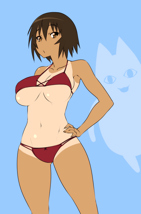 <o>_<o>, 1girl, 1other, :/, azumanga_daiou, bikini, blue_background, breasts