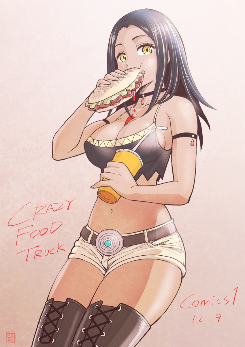 1girl, arisa_(crazy_food_truck), black_hair, blush, boots, breasts, breasts_day, cleavage, collar, crazy_food_truck, cup, dark-skinned_female, dark_skin, eating, fast_food, female_focus, food, food_on_face, gem, highres, ketchup, lace-up_boots, large_breasts, long_hair, looking_at_viewer, medium_breasts, official_art, ogaki_rokurou, short_shorts, shorts, solo, thighhighs, yellow_eyes