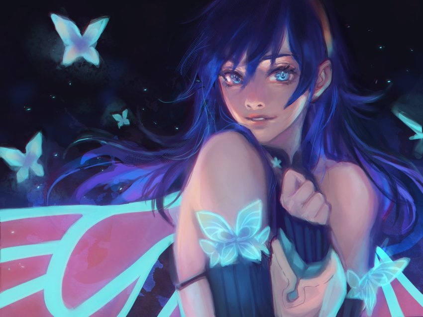 1girl, black_background, blue_butterfly, blue_eyes, blue_hair, bug, butterfly, clenched_hand