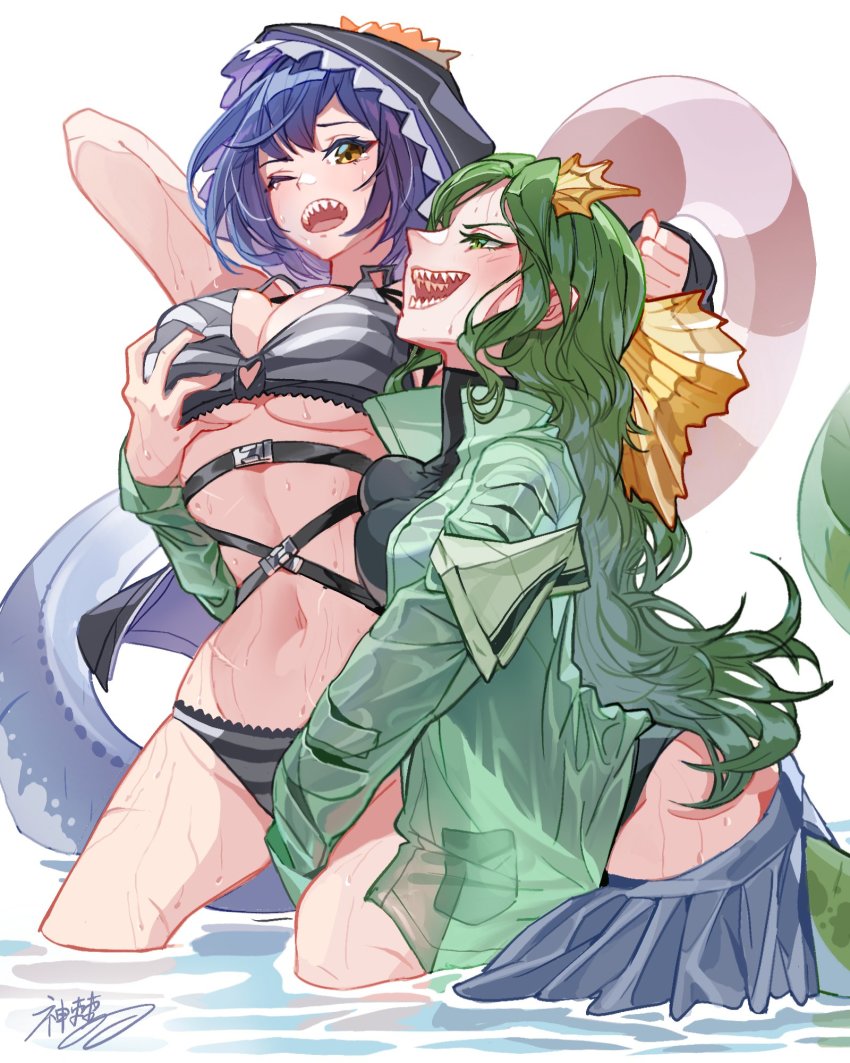 2girls, blue_hair, breast_press, breasts, brown_eyes, commission, dinosaur_tail, grabbing_another's_breast
