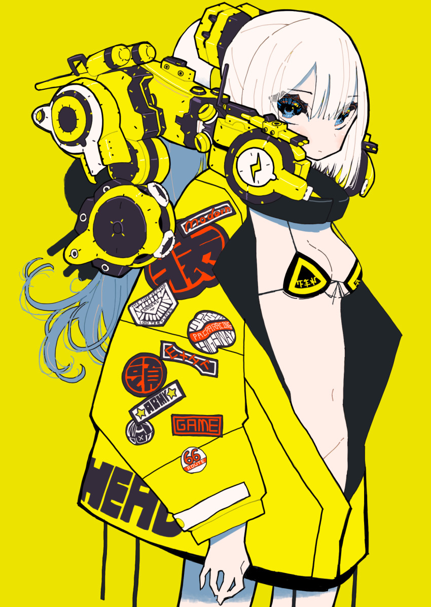 1girl, bikini, bikini_under_clothes, blue_eyes, blush, breasts, cleavage, cowboy_shot