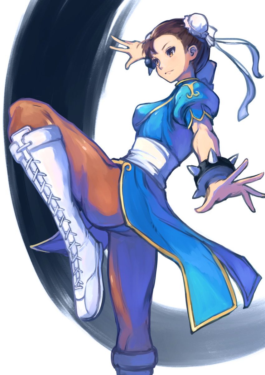 1girl, blue_dress, bracelet, brown_hair, brown_pantyhose, bun_cover, capcom, china_dress