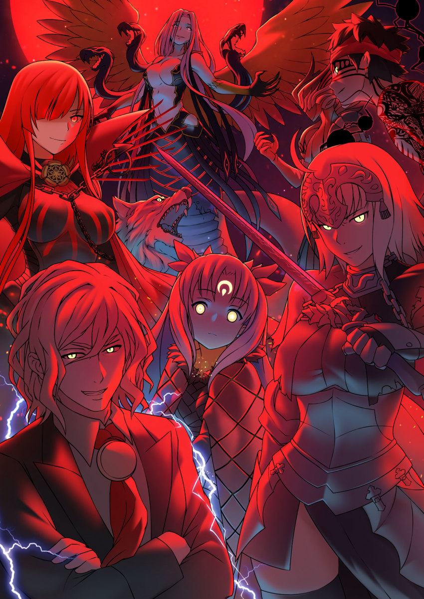 3boys, 4girls, angra_mainyu_(fate), antonio_salieri_(fate), antonio_salieri_(first_ascension)_(fate), armor, avengers_(series), bbk_(13zk), breasts, cleavage, crescent, crescent_facial_mark, edmond_dantes_(fate), edmond_dantes_(first_ascension)_(fate), emiya_shirou, facial_mark, fate/grand_order, fate_(series), gorgon_(composite_deity_gorgon)_(fate), gorgon_(fate), headband, hessian_(fate), highres, ishtar_(fate), jeanne_d'arc_(fate), jeanne_d'arc_alter_(avenger)_(fate), jeanne_d'arc_alter_(fate), lobo_(fate), long_hair, looking_at_viewer, marvel, medusa_(fate), medusa_(rider)_(fate), moon, multiple_boys, multiple_girls, oda_nobunaga_(fate), oda_nobunaga_(maou_avenger)_(fate), possessed, possession, red_moon, rider, smile, space_ishtar_(fate), space_ishtar_(third_ascension)_(fate), sword, tattoo, trait_connection, weapon, wolf, yellow_eyes