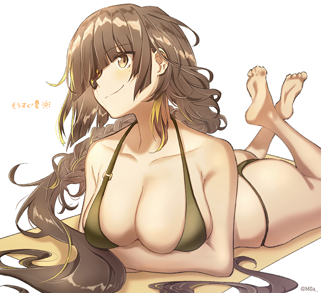 1girl, ass, barefoot, bikini, braid, breasts, brown_hair, cleavage, commentary_request, eyepatch, girls'_frontline, large_breasts, long_hair, m16a1_(girls'_frontline), moa_(21energy12), mole, mole_under_eye, scar, single_braid, smile, solo, swimsuit, white_background, yellow_eyes