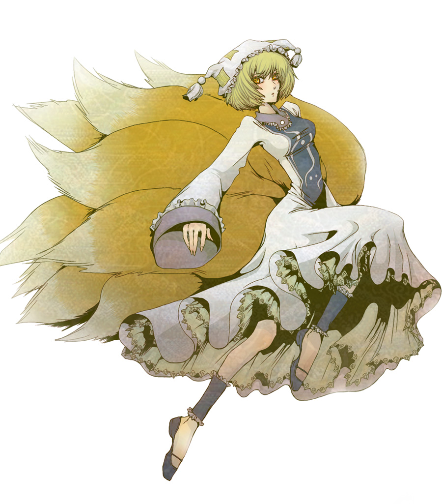 1girl, animal_hat, anko_(nadesico777h), bad_id, bad_pixiv_id, blonde_hair, female_focus, fox_tail, full_body, hat, long_sleeves, mob_cap, multiple_tails, shoes, short_hair, solo, tail, tassel, touhou, white_background, wide_sleeves, yakumo_ran, yellow_eyes