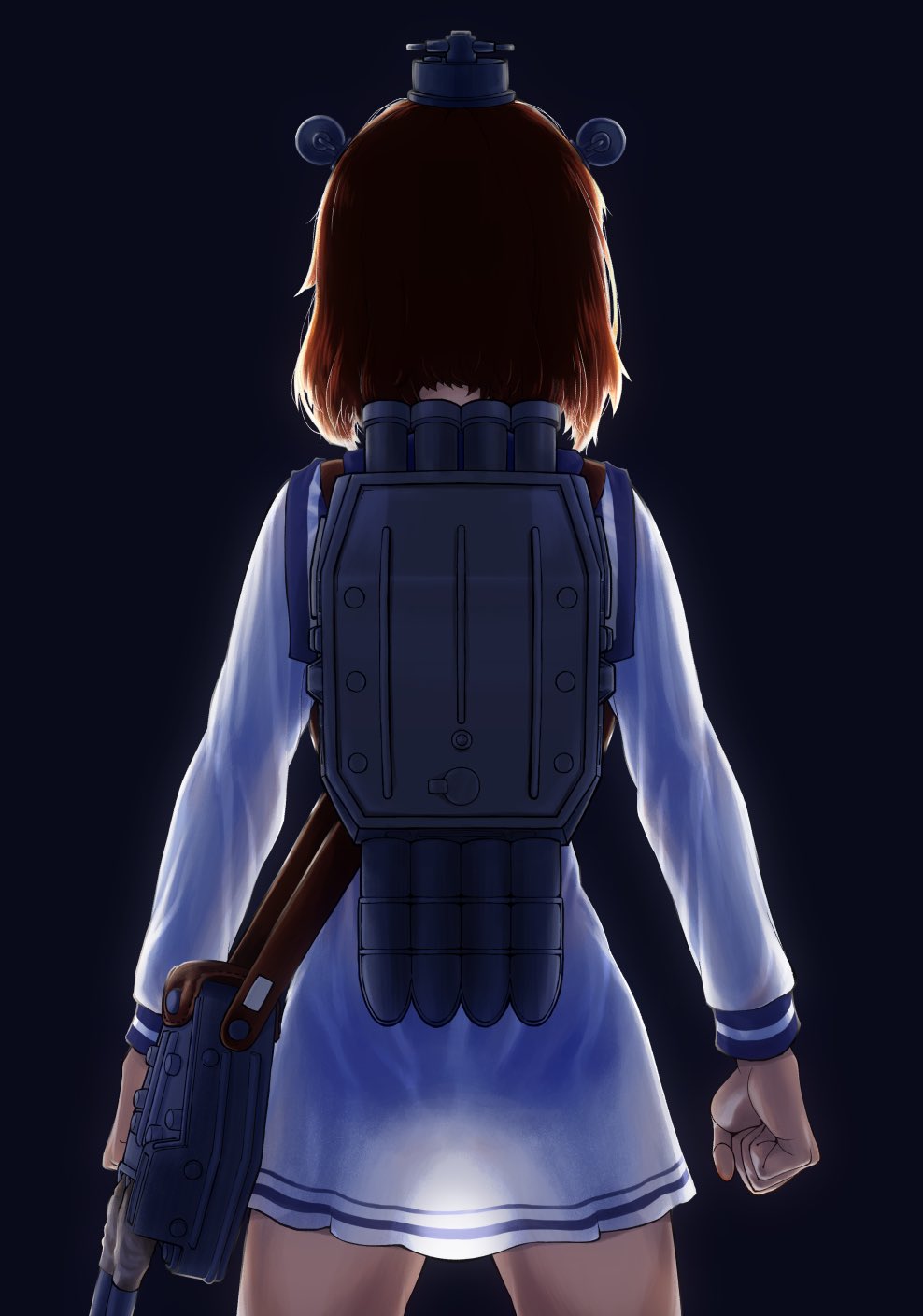 1girl, black_background, blue_sailor_collar, brown_hair, clenched_hand, dress, from_behind, headgear
