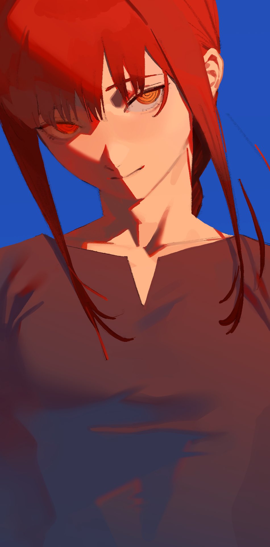 1girl, black_dress, blue_background, braid, braided_ponytail, breasts, brown_hair, chainsaw_man, collarbone, dress, highres, light_smile, long_hair, looking_at_viewer, makima_(chainsaw_man), medium_breasts, ringed_eyes, smile, solo, souitiroukirari, yellow_eyes