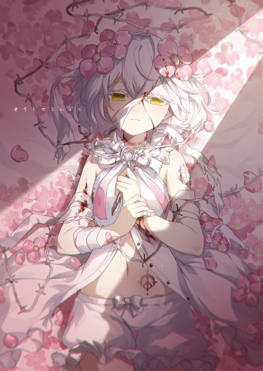 1girl, absurdres, ahoge, bandaged_arm, bandages, bandaid, bandaid_on_arm, barbed_wire