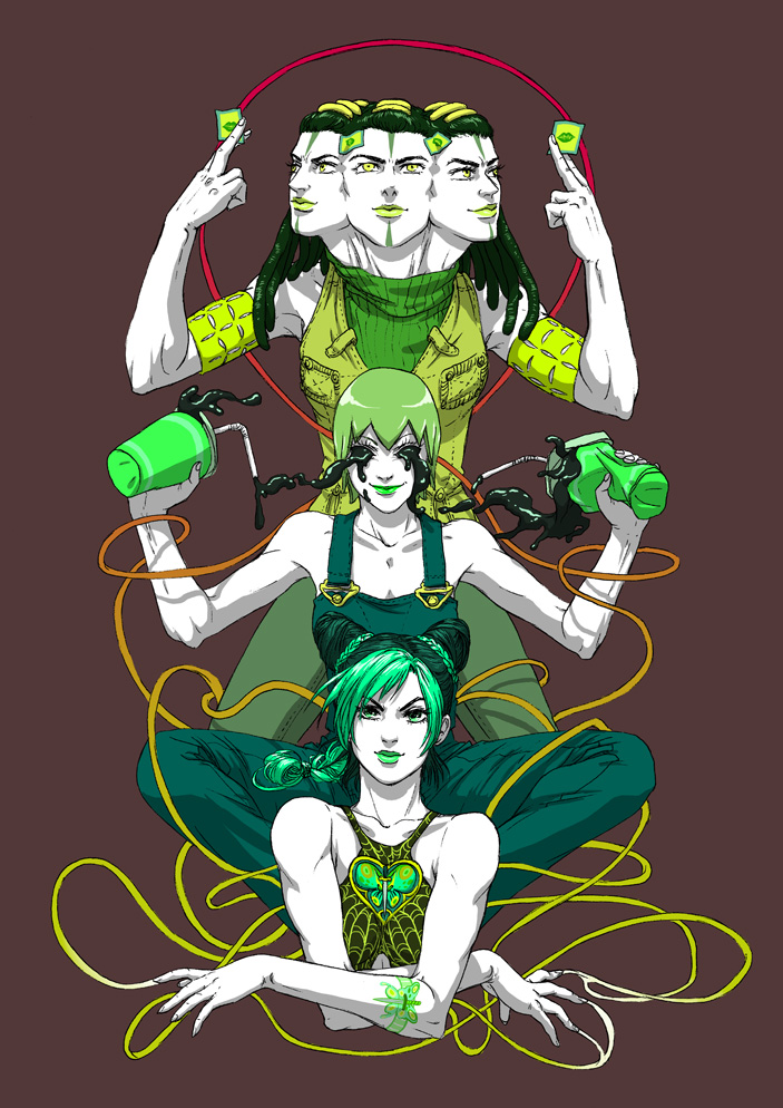 3girls, brown_background, cone_hair_bun, double_bun, ermes_costello, foo_fighters_(jojo), gozu-mezu, green_hair
