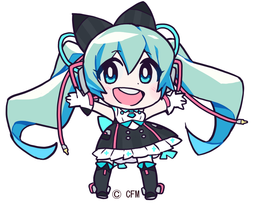 39_music_(vocaloid), aqua_eyes, aqua_hair, arms_up, bare_shoulders, black_bow, black_skirt, black_thighhighs