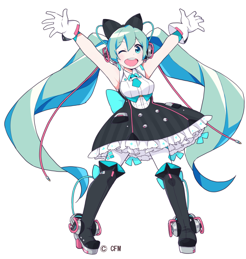 39_music_(vocaloid), aqua_eyes, aqua_hair, armpits, arms_up, bare_shoulders, black_bow, black_skirt