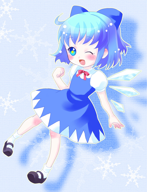 bad_id, bad_pixiv_id, blue_eyes, blue_hair, bow, cirno, embodiment_of_scarlet_devil, mary_janes, one_eye_closed, sarta, shoes, short_hair, solo, touhou, wings, wink