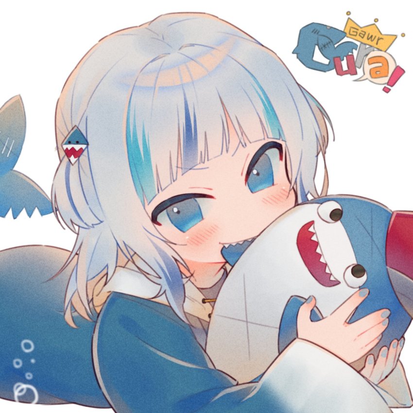 1girl, bloop_(gawr_gura), blue_eyes, character_name, fins, fish_tail, gawr_gura, gawr_gura_(1st_costume), highres, holding, holding_stuffed_toy, hololive, hololive_english, open_mouth, shark_tail, sharp_teeth, silver_hair, solo, stuffed_toy, tail, teeth, two_side_up, virtual_youtuber, zudzuki