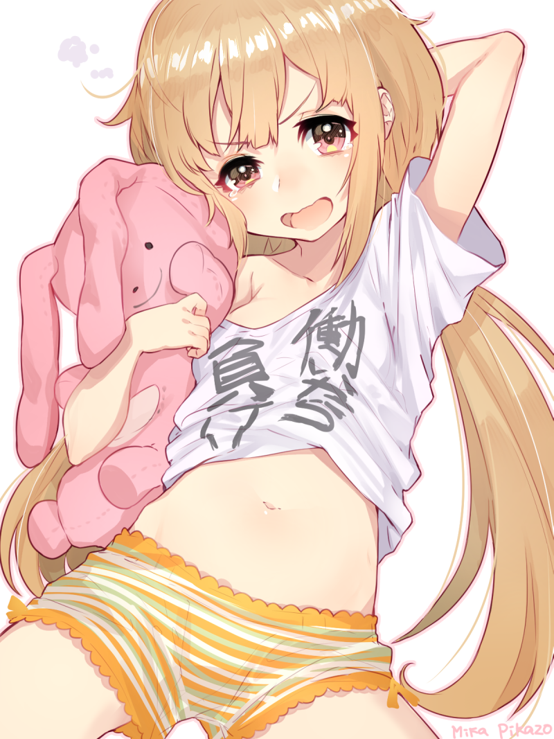 1girl, artist_name, bike_shorts, blonde_hair, blush, brown_eyes, clothes_writing, futaba_anzu