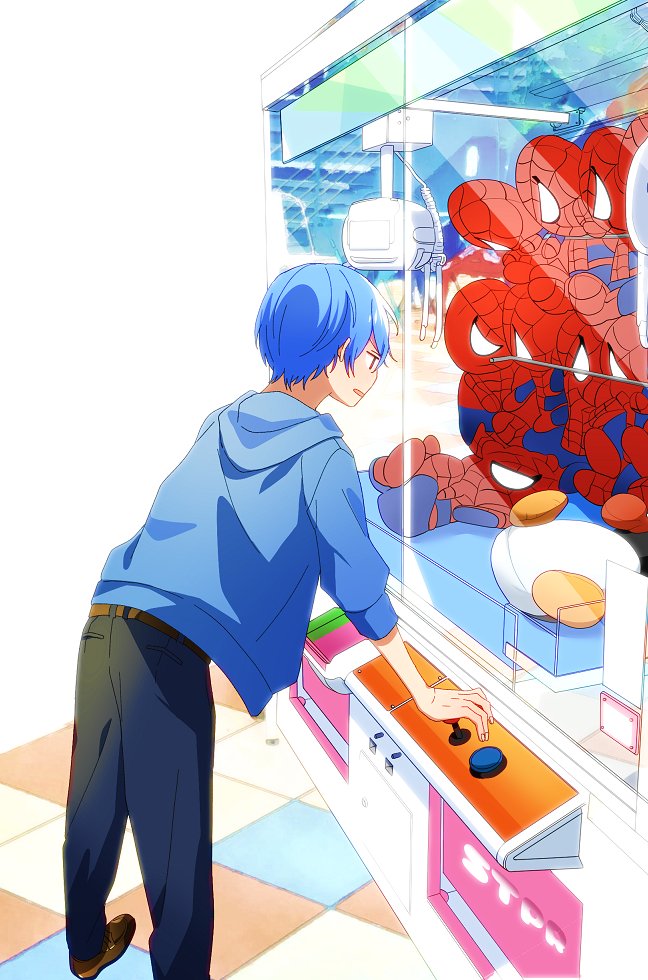 1boy, arcade, blue_hair, character_doll, crane_game, doll, hood, hoodie