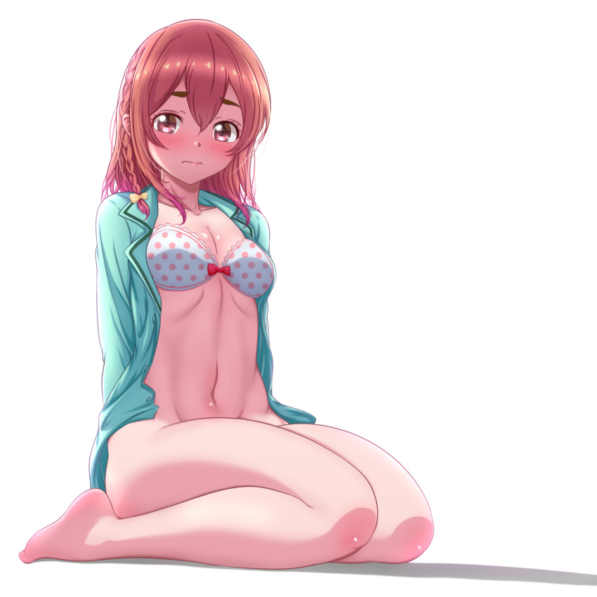 1girl, barefoot, bra, braid, breasts, brown_eyes, brown_hair, commentary
