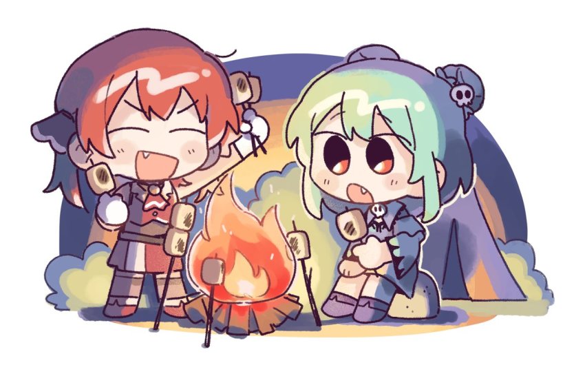 2girls, adan_imas, bad_id, bad_twitter_id, campfire, camping, chibi, double_bun