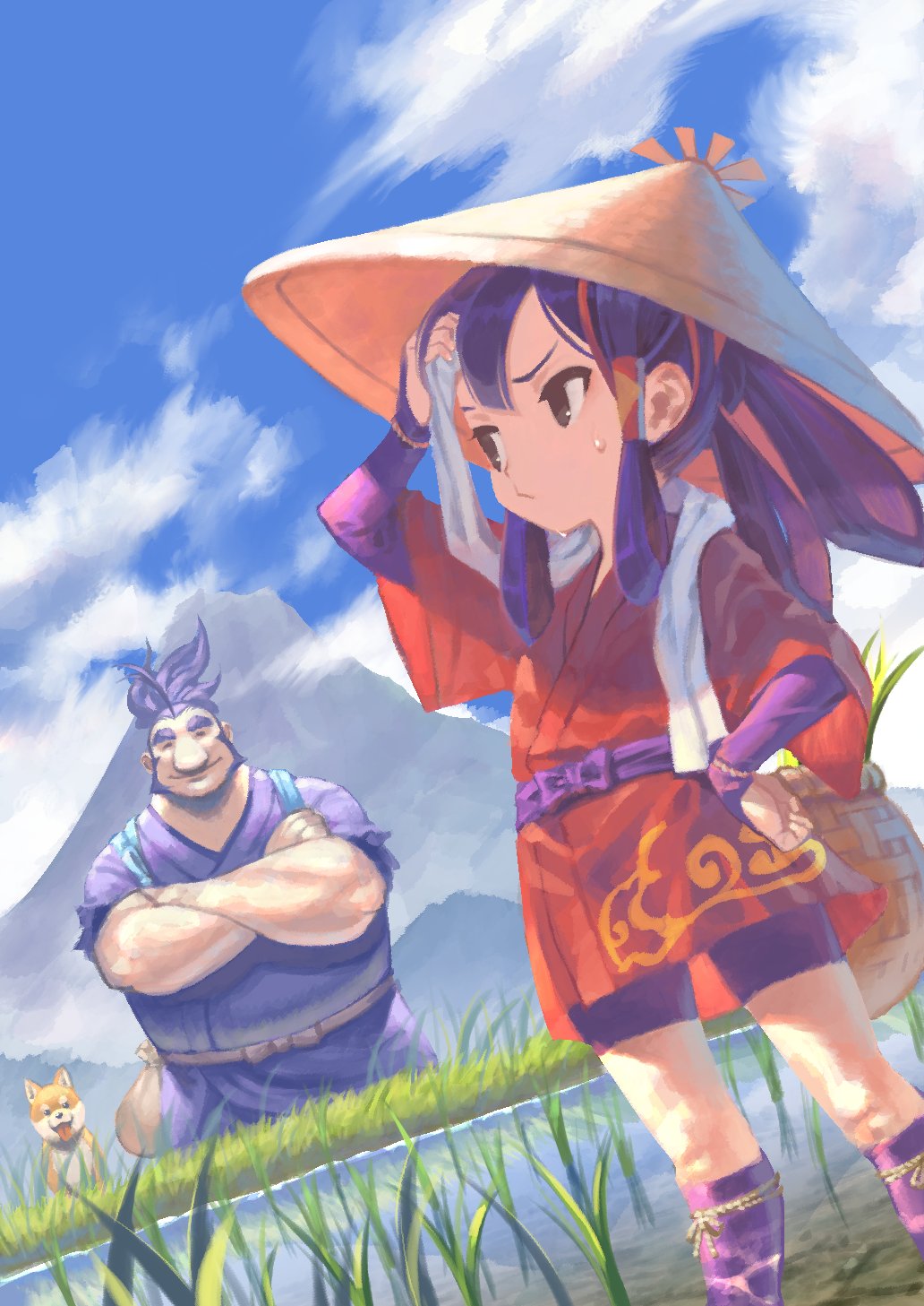 1boy, 1girl, black_eyes, black_hair, cloud, crossed_arms, dog, feet_out_of_frame