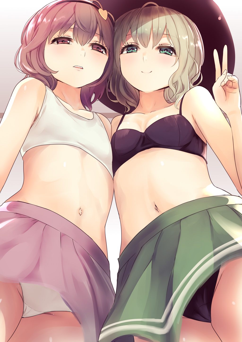 2girls, bare_shoulders, beige_background, black_hairband, blush, bra, breasts, collarbone