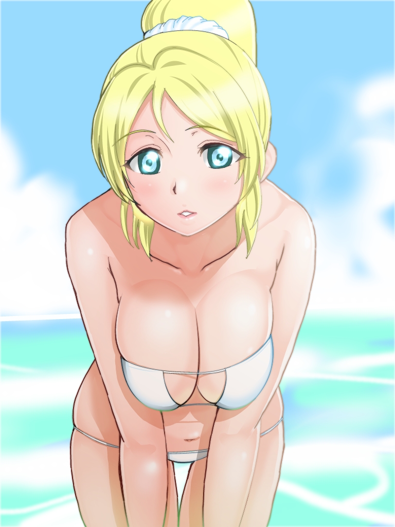 1girl, ayase_eli, bare_shoulders, beach, bent_over, bikini, blonde_hair, blue_eyes, blush, breasts, breasts_squeezed_together, cleavage, collarbone, female_focus, high_ponytail, leaning_forward, looking_at_viewer, love_live!, love_live!_school_idol_project, medium_breasts, momi_age, navel, ocean, outdoors, ponytail, solo, standing, swimsuit, white_bikini
