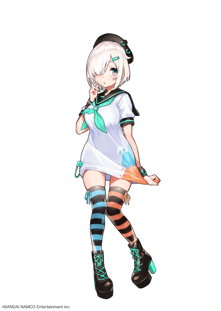 1girl, ankle_boots, asymmetrical_legwear, black_hat, black_sailor_collar, blue_thighhighs, boots, clothes_pull, denonbu, full_body, green_neckerchief, grey_hair, hair_ornament, hair_over_one_eye, hairclip, hand_up, hat, high_heel_boots, high_heels, lace-up_boots, looking_at_viewer, medium_hair, mika_pikazo, minakami_hina, mismatched_legwear, nail_polish, neckerchief, official_art, one_eye_covered, orange_thighhighs, paint_splatter, parted_lips, puffy_short_sleeves, puffy_sleeves, pulling_own_clothes, sailor_collar, school_uniform, serafuku, shirt, shirt_pull, short_sleeves, simple_background, solo, thighhighs, watermark, white_background, white_shirt, wristband