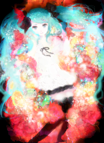 1girl, aqua_eyes, aqua_hair, bad_id, bad_pixiv_id, female_focus, flower, hair_ribbon, hatsune_miku, kamiyunoku_(pixiv), long_hair, lowres, ribbon, skirt, smile, solo, thighhighs, twintails, very_long_hair, vocaloid, world_is_mine_(vocaloid), zettai_ryouiki