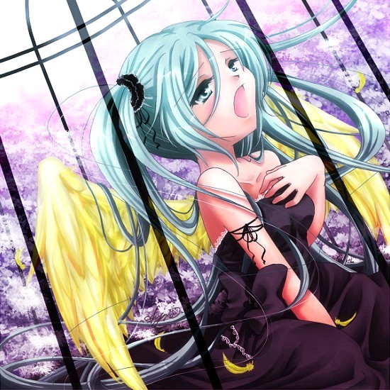 1girl, angel_wings, aqua_eyes, aqua_hair, bad_id, bad_pixiv_id, cage, canary_(vocaloid), feathers, female_focus, haruhi_ayame, hatsune_miku, long_hair, open_mouth, solo, twintails, vocaloid, wings