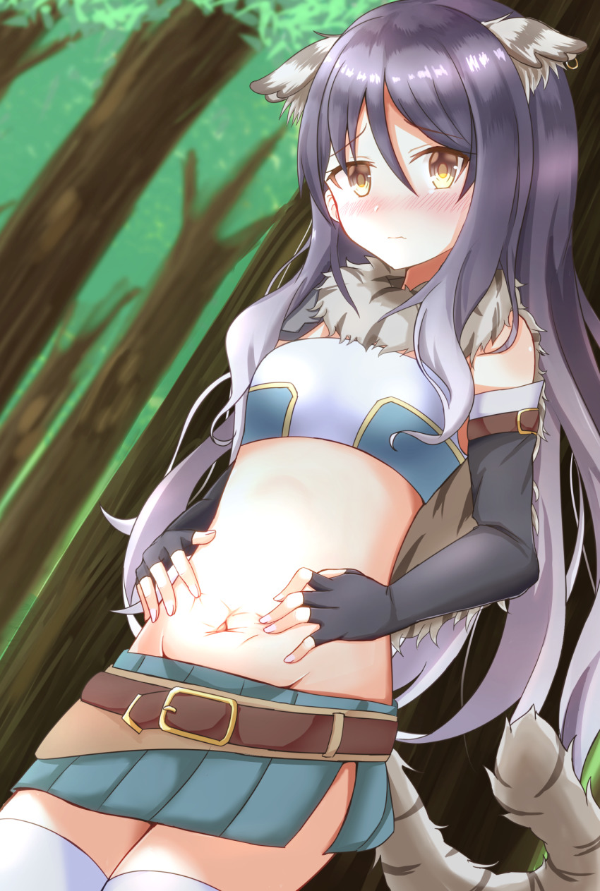 1girl, animal_ear_fluff, animal_ears, bandeau, bare_shoulders, belt, black_gloves, black_hair