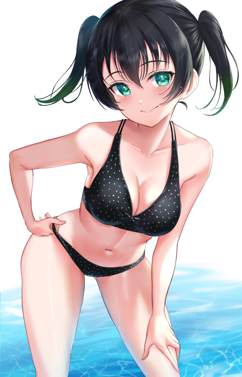 1girl, absurdres, aqua_eyes, armpits, bare_arms, bare_shoulders, bikini, black_bikini