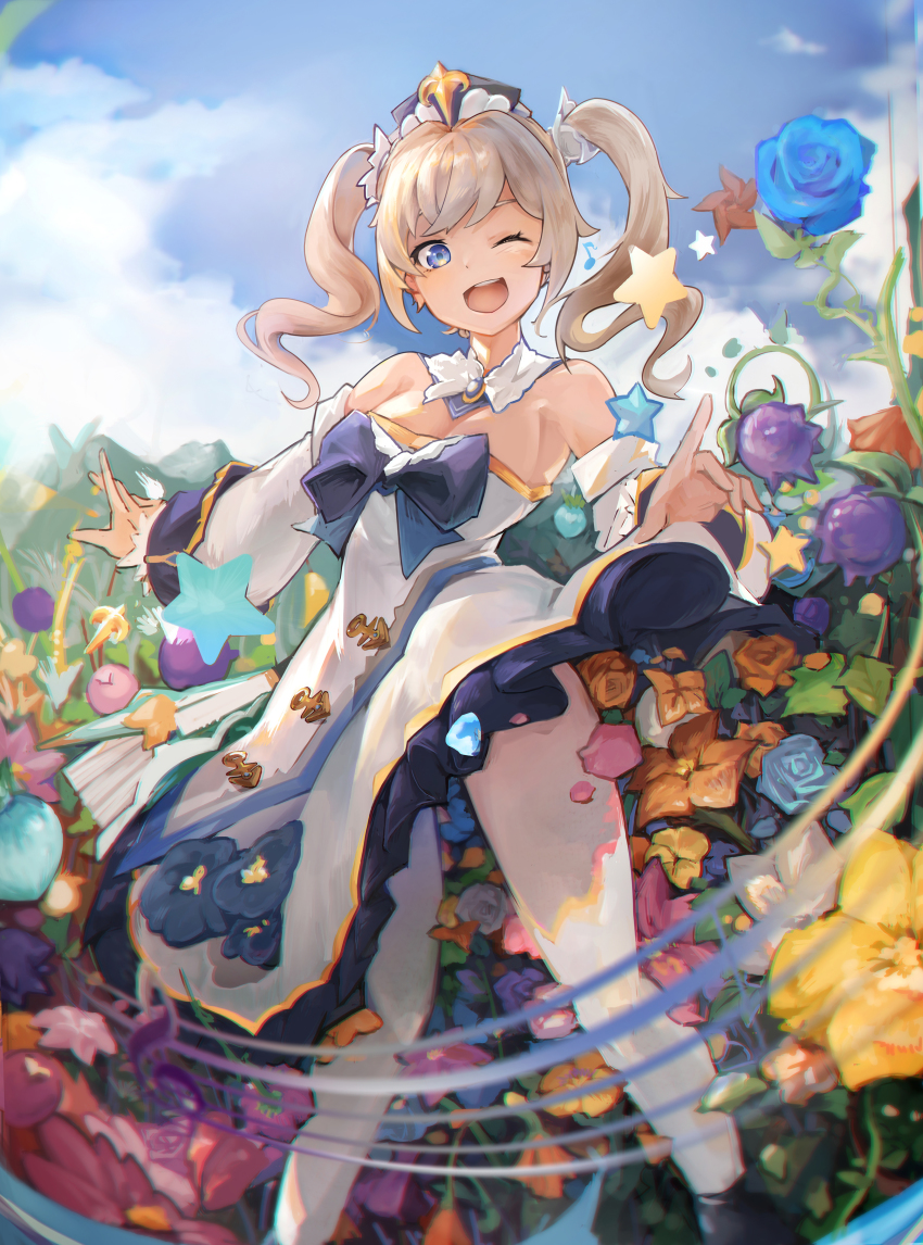 1girl, ;d, absurdres, barbara_(genshin_impact), bare_shoulders, blue_eyes, blue_sky, bow