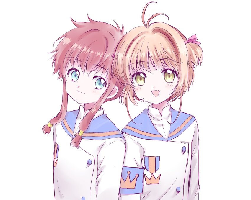 2girls, angelic_layer, antenna_hair, blue_eyes, blue_sailor_collar, brown_hair, cardcaptor_sakura, closed_mouth