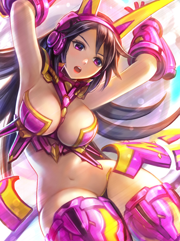 1girl, armor, armpits, bikini_armor, black_hair, breasts, elico_nya, headgear, large_breasts, lips, long_hair, navel, nyanko_daisensou, open_mouth, pink_eyes, purple_eyes, solo, teeth, thick_thighs, thighs, thundia_(nyanko_daisensou), upper_teeth_only, very_long_hair, wide_hips