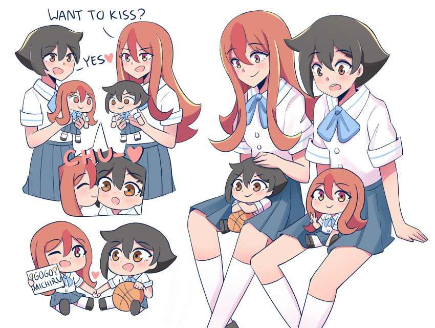 4girls, absurdres, ball, basketball_(object), blush, bow, brand_new_animal, brown_hair